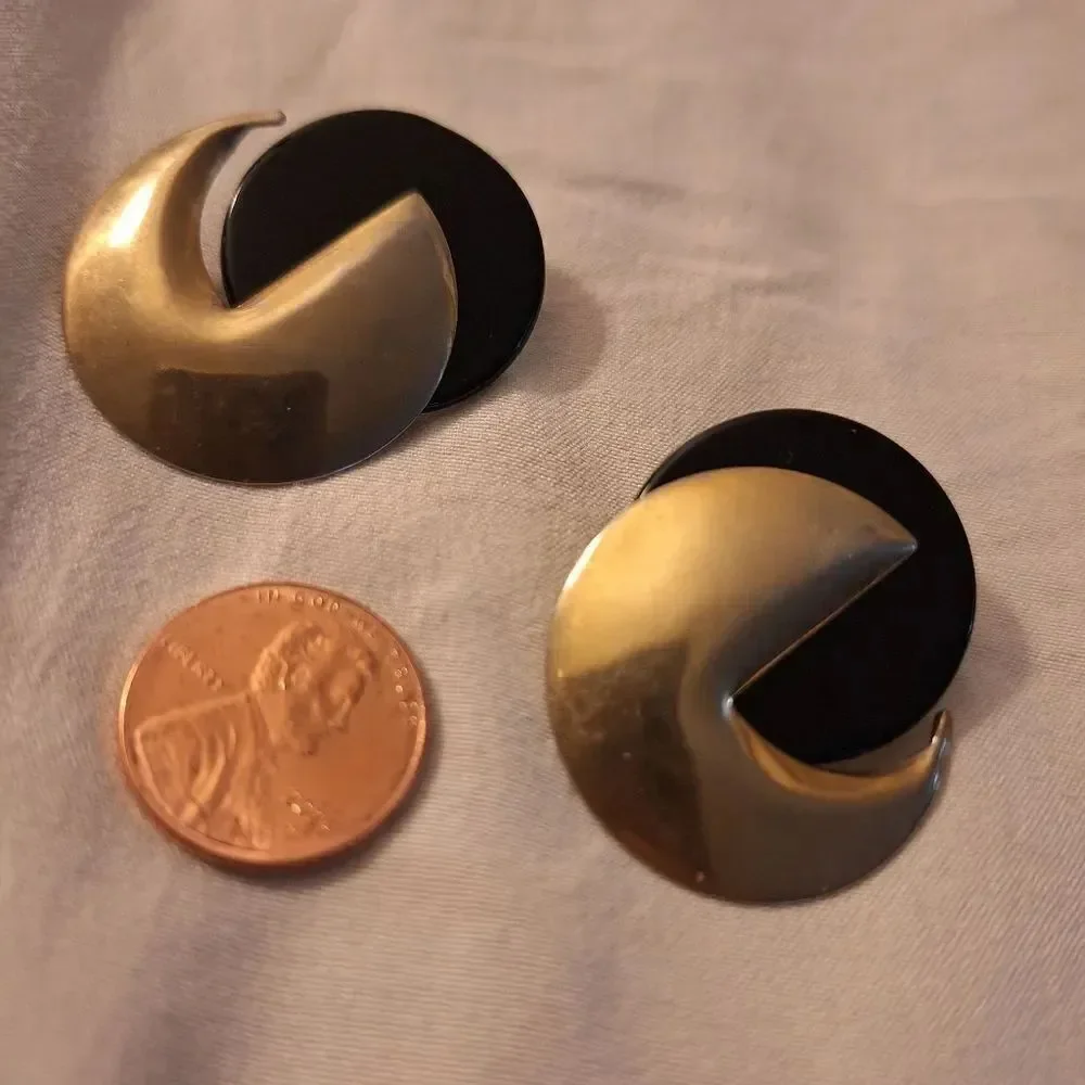 Gold Tone and Black Circular Earrings